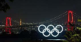 Rainbow Bridge lit up in red